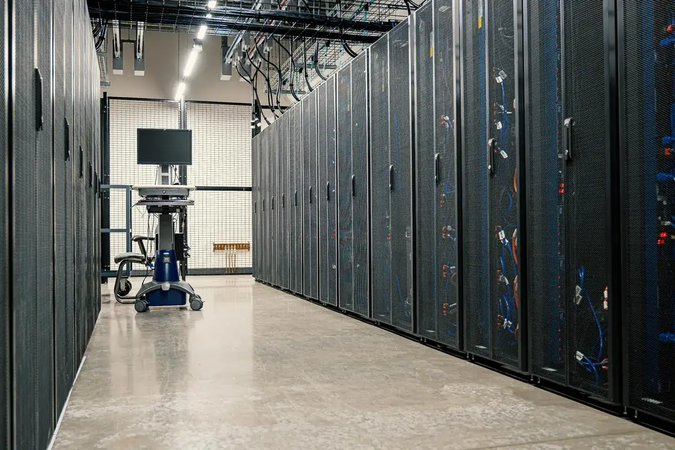 Allée d'une salle serveurs avec baies informatiques fermées